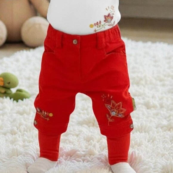 NWT Deux Par Deux Red Textured Floral Layer Design Legging Pants 12M - Picture 7 of 13